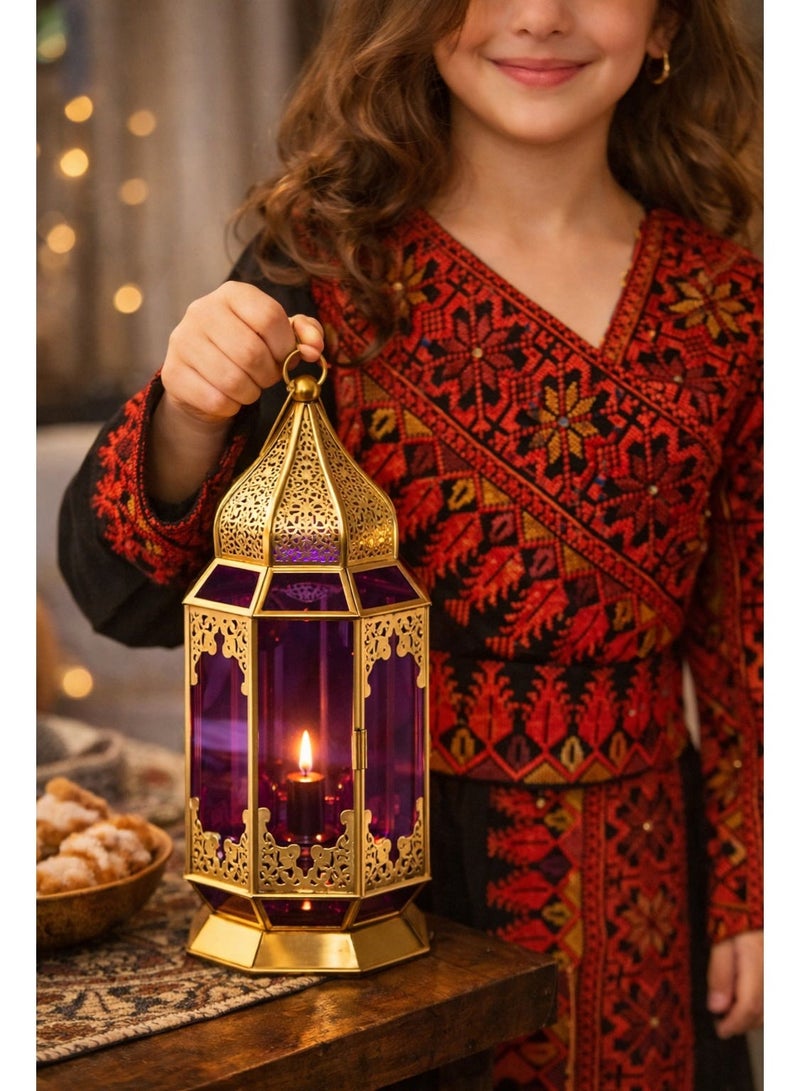 OLUDENIZ Golden Glass Candle Lantern – Decorative Iron & Glass Moroccan Lantern – 28cm Height – Home & Ramadan Décor - Image 3